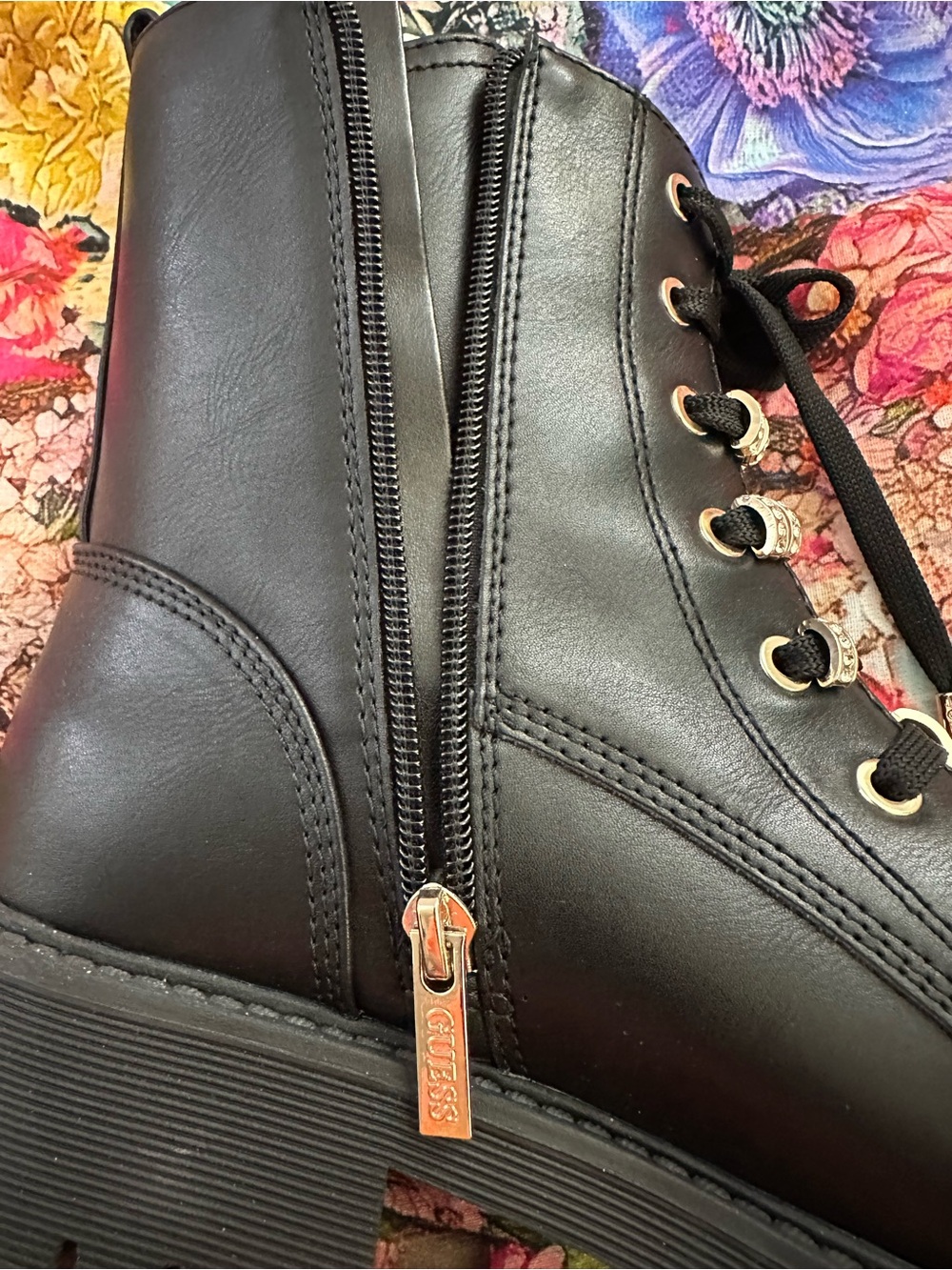 GUESS Black Lace-Up Combat Boots with Gold Eyelets NWOT - Picture 10 of 16
